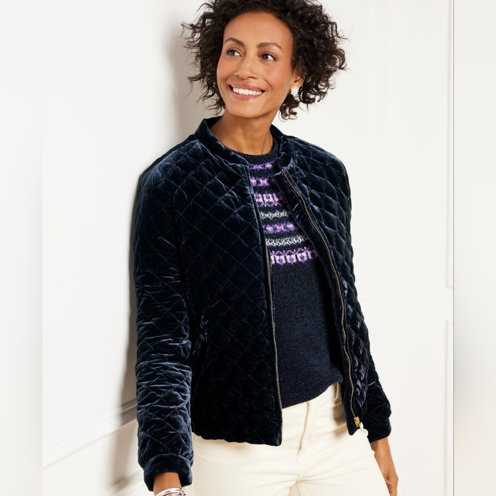 NWOT - Talbots Velvet Quilted Bomber Jacket - Large Indigo Blue